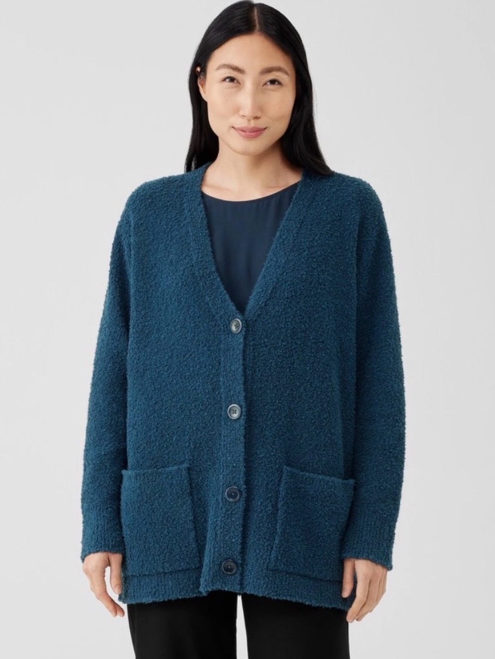 Eileen Fisher Bouclé V-Neck Navy Cardigan size XL